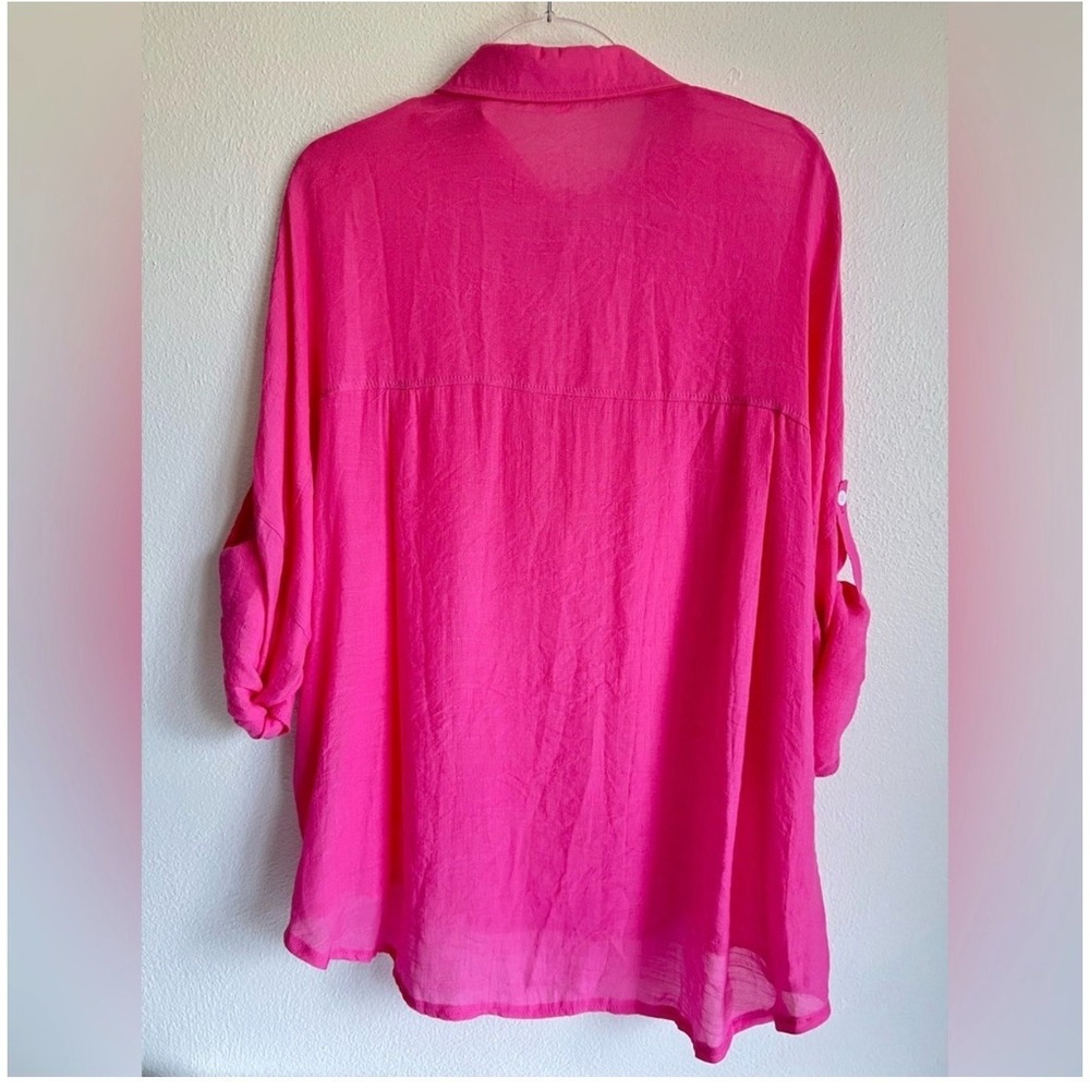 Anna-Kaci Hot Pink Button Down Boyfriend Shirt Roll Tab Coverup Blouse Size L - Picture 2 of 8